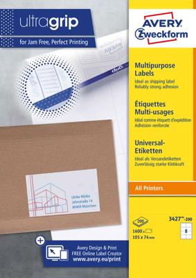Avery Zweckform 3427, Universele etiketten, Ultragrip, wit, 200 vel, 8 per vel, 105 x 74 mm