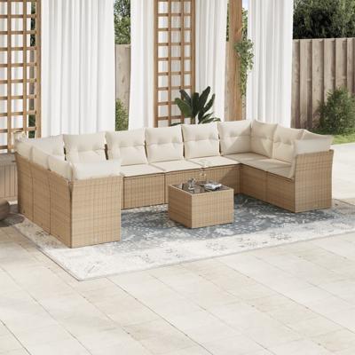 11-delige Tuinset met kussens poly rattan beige