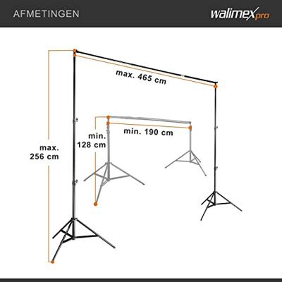 Walimex pro Achtergrondsysteem XXL, 190-465 cm, extreem stabiele en grote professionele achtergrondset voor studio en mobiel, voor fotografie, video en groen scherm, papierstof, vinyl & canvas, hoogte
