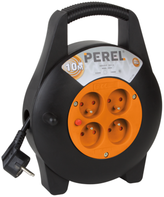 Perel kabelhaspel 3G1.5, met 4 stopcontacten, 10 m, geel en zwart Perel kabelhaspel 3G1.5, met 4 stopcontacten, 10 m, geel en zwart