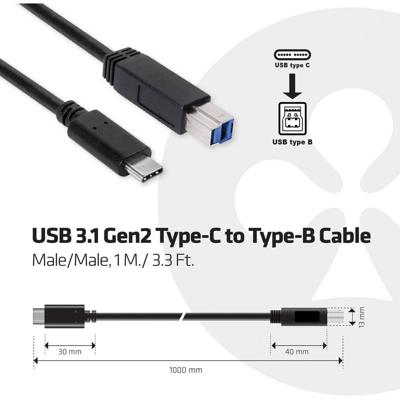 CLUB3D USB 3.1 Gen2 Type-C to Type-B Cable Male/Male, 1 M./ 3.3 Ft.