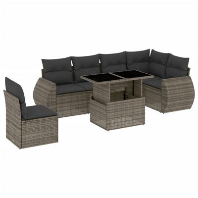 7-delige Loungeset met kussens poly rattan grijs