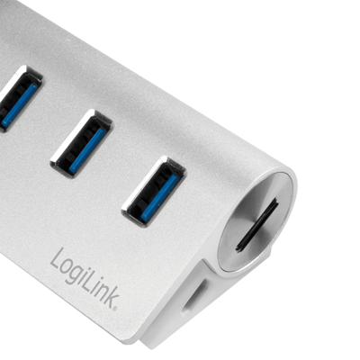 LogiLink CR0045 USB 3.0-hub 3 + 2 poorten Met aluminium behuizing, Met ingebouwde SD-kaartlezer Zilver