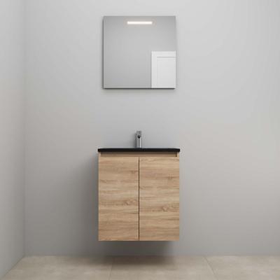 On-Line Badkamermeubelset - 60 cm - Bouwpakket - Greeploze Ladestructuur - Acryl Wastafel - 1 Kraangat - Spiegel met LED-Verlichting - Eiken