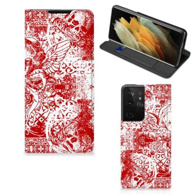 Mobiel BookCase Samsung Galaxy S21 Ultra Angel Skull Rood Mobiel BookCase Samsung Galaxy S21 Ultra Angel Skull Rood