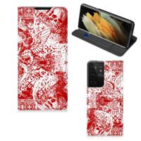 Mobiel BookCase Samsung Galaxy S21 Ultra Angel Skull Rood - thumbnail