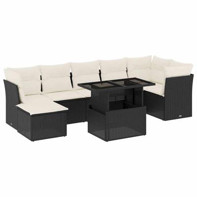 8-delige Loungeset met kussens poly rattan zwart
