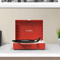 Victrola Re-Spin – Duurzame kofferplatenspeler met 3 snelheden (33 1/3, 45 & 78 RPM), riemaangedreven Bluetooth-draaitafel met ingebouwde basradiator en 3,5 mm hoofdtelefoonaansluiting (Rood) - thumbnail