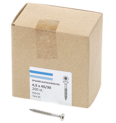 Hoenderdaal Spaanplaatschroef Rvs-A2 Pk Torx TX20 4.5X45/30 | 200 stuks - 0206.30.33801