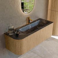 Mondiaz KURVE-DLUX 125 cm Onderkast Greeploos 1 Lade Met Deuren Oak, Wastafel Solid Surface Rechts Lava 1 Kraangat Zonder Spiegel (KRVBGM125L1L1D1KR-Oak/Lav) - thumbnail