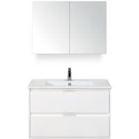 Porto Badmeubelset 90 cm - Wit Hoogglans - Keramische Wastafel Wit Slim met Spiegelkast - thumbnail