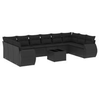 11-delige Loungeset met kussens poly rattan zwart - thumbnail