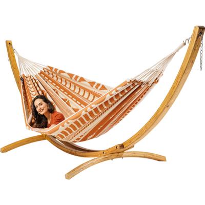 Familie hangmat met houten standaard - 400x180cm - Oranje - 200kg draagkracht- 100% katoen - binnen & buiten