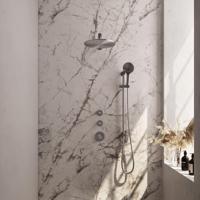 Brushed Carving Thermostatic Built-in Rain Shower Set with 30cm Shower Head and Straight Wall Arm, 3 Modes Hand Shower, Shower Hose, and Integrated Brushed Stainless Steel PVD Slide Bar - thumbnail