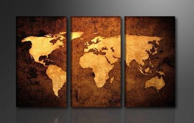 Schilderij - Wereldkaart, 160X90cm, 3luik