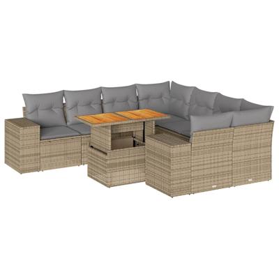 9-delige Loungeset met kussens poly rattan beige