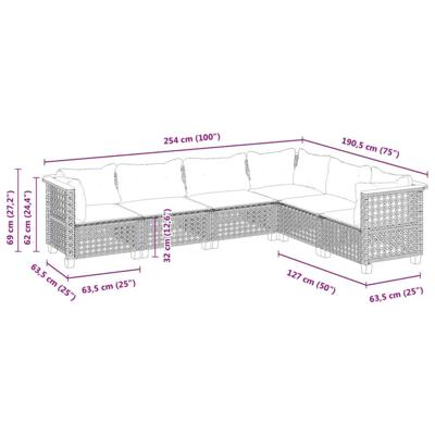 6-delige Loungeset met kussens poly rattan grijs