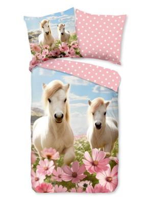 Good Morning Kinderdekbedovertrek "witte paarden met bloemen" - Roze - (135x200 cm) - Katoen Good Morning Kinderdekbedovertrek "witte paarden met bloemen" - Roze - (135x200 cm) - Katoen
