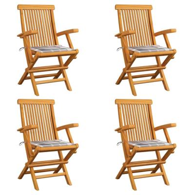 Tuinstoelen 4 st met grijs geruite kussens massief teakhout