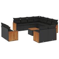 12-delige Loungeset met kussens poly rattan zwart - thumbnail