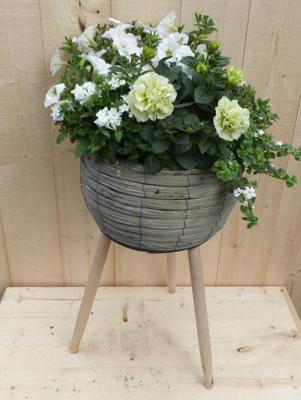 Rieten plantenbak grijs op poten met zomerbloeiers wit h55 cm Warentuin Natuurlijk - Warentuin natuurlijk