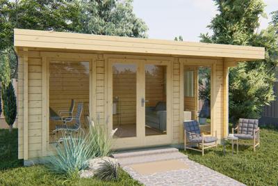 Blokhut Mia 500x360 cm + 120 cm luifel - grijs geïmpregneerd - incl. EPDM- Plat dak- Geïmpregneerd vurenhout- Van Kooten