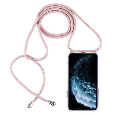 Vierhoek anti-val trasparent TPU mobiele telefoon geval met Lanyard voor iPhone 11 Pro (Rose Gold)