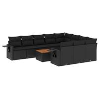 11-delige Loungeset met kussens poly rattan zwart - thumbnail