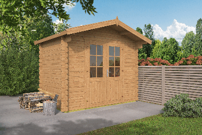 Blokhut Anja 28 mm 295x200 cm + luifel 50 cm - bruin geïmpregneerd- Zadeldak- Geïmpregneerd vurenhout- Van Kooten