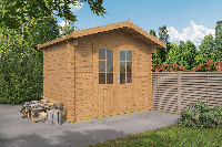 Blokhut Anja 28 mm 295x200 cm + luifel 50 cm - bruin geïmpregneerd- Zadeldak- Geïmpregneerd vurenhout- Van Kooten - thumbnail