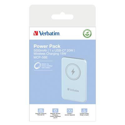Verbatim Charge n Go Magnetic Wireless Powerbank 5000 mAh Fast Charge, Quick Charge 3.0, USB PD 3.0, Adaptive Fast Charge LiPo USB-C Blauw