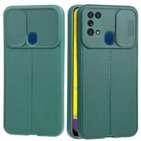 Voor Samsung Galaxy M21 / M31 Litchi Texture Sliding Camshield TPU Telefoonhoes (Dark Green) - thumbnail