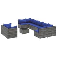 10-delige Loungeset met kussens poly rattan grijs - thumbnail