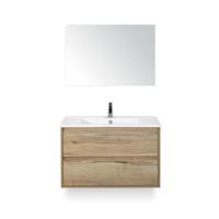 Porto Badmeubelset 90 cm - Natuur Eiken - Keramische Wastafel Wit Slim - met Spiegel - thumbnail