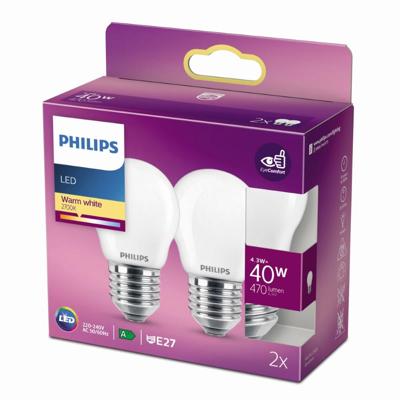 Philips Lighting 76391600 LED-lamp Energielabel F (A - G) E27 Kogel 4.3 W = 40 W Warmwit (Ø x l) 4.5 cm x 8 cm 2 stuk(s) Philips Lighting 76391600 LED-lamp Energielabel F (A - G) E27 Kogel 4.3 W = 40 W Warmwit (Ø x l) 4.5 cm x 8 cm 2 stuk(s)