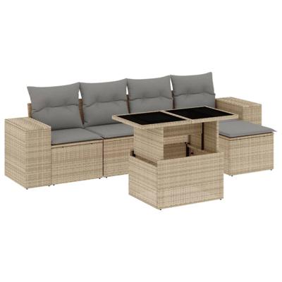 6-delige Loungeset met kussens poly rattan beige