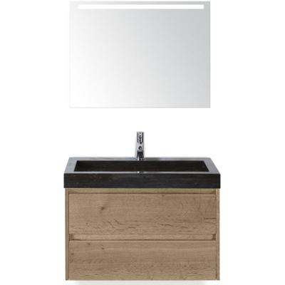 Dante Badmeubelset 80 cm - Natuur Eiken - Wastafel Hardsteen Wit Lucca met Sence Spiegel
