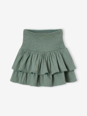 Meisjesrok met ruches en smokwerk aan de taille saliegroen Meisjesrok met ruches en smokwerk aan de taille saliegroen