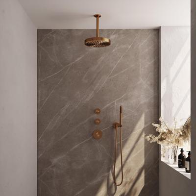 Brauer Stripe thermostatische inbouw regendouche SET 03 met 25 cm douchekop en plafondarm en staaf handdouche en doucheslang en wandaansluitbocht koper geborsteld PVD