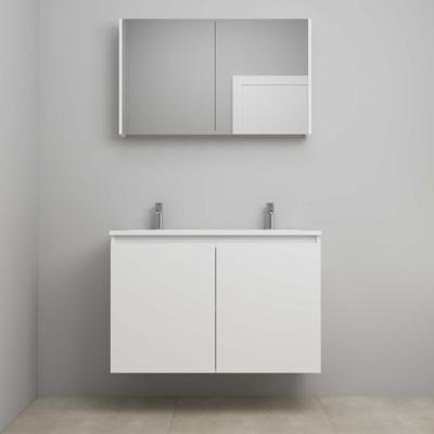 On-Line Badkamermeubelset - 100 cm - Voorgemonteerd - Greeploos 2 Deuren - Acryl Wastafel - 2 Kraangaten - Spiegelkast - Hoogglans Wit