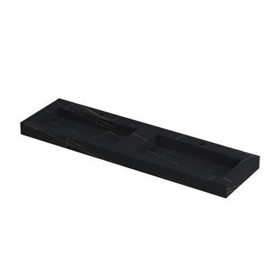 INK Pitch Wastafel Keramische Slab Bak Dubbel met Drain en Front en Side Skirts 2 Kraangaten - 1600x450x90 mm - Lauren Black Mat