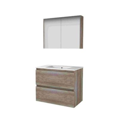 Basic-Line Comfort 46 Badkamermeubelset - 80 x 46 cm - Greeploos - 2 Lades - Keramische Wastafel - 1 Kraangat - Spiegelkast - Scotch Oak