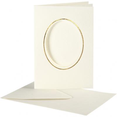 Creativ Company Passepartout kaarten , ovaal met gouden rand, afmeting kaart 10,5x15 cm, afmeting envelop 11,5x16,5 cm, off-white, 10 set/ 1 doos
