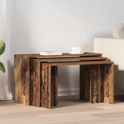 3-delige Tafeltjesset bewerkt hout oud houtkleurig