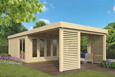 Tuindeco Casper Blokhut 500x400 cm + overkapping 400 cm 58 mm vuren blank- Plat dak- Onbehandeld vurenhout- Tuindeco