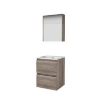 Basic-Line Comfort 46 Badkamermeubelset - 50 x 46 cm - Greeploos - 2 Lades - Keramische Wastafel - 1 Kraangat - Spiegelkast - Scotch Oak - thumbnail