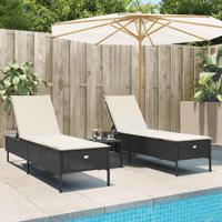 Ligstoelen 2 st met kussens poly rattan zwart - thumbnail