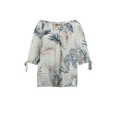 z-one off shoulder top Lotty met bladprint en plooien lichtgrijs/donkerblauw/koraalrood