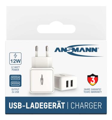 Ansmann HomeCharger HC212 USB-oplader 12 W 2x USB-A Wit Binnen Ansmann HomeCharger HC212 USB-oplader 12 W 2x USB-A Wit Binnen