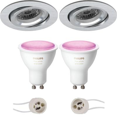 GU10 Inbouwspot Set - Mat Zilver - Inbouw Rond - Kantelbaar - Philips Hue - White and Color Ambiance - Bluetooth - Pragmi Aerony Pro - Ø82mm